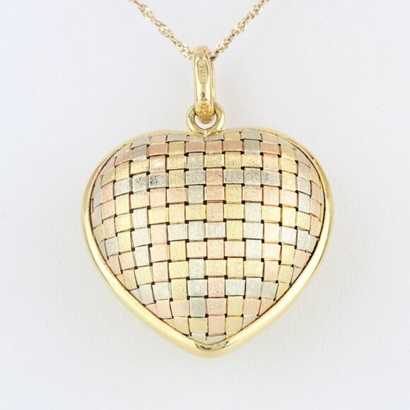 18K Tri-Toned Gold Puffy Basket Weave & Brushed Finished Heart Pendant Charm